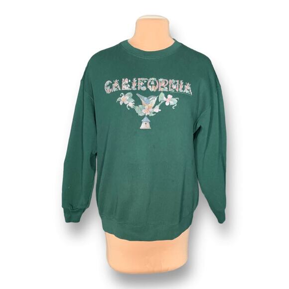 Vintage 90s Hunter Green California Hummingbird Crewneck Sweatshirt Drop Sleeves - Picture 3 of 10